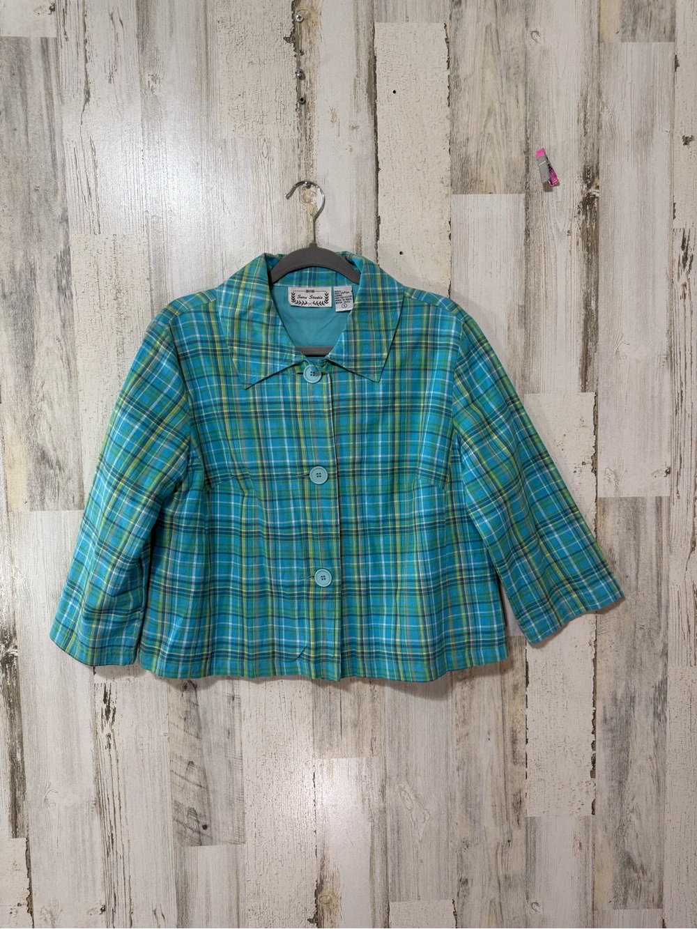 Cropped Blazer in Teal & Blue Plaid